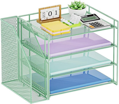 Marbrasse Desk Organizer and Accessories，4-Tier Paper Letter Tray Organizer with File Holder，Desk Accessories & Workspace Desktop Organizers for School Home Office Supplies (Green)