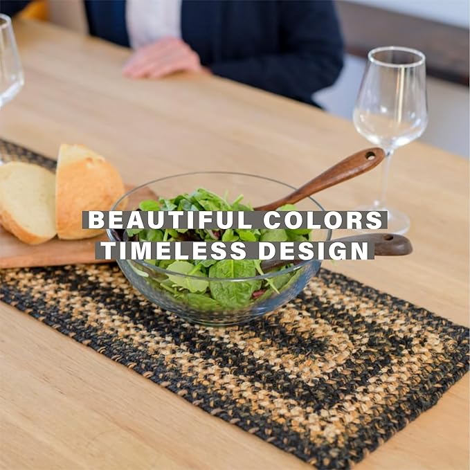 Homespice Kilimanjaro Jute Braided Small Table Runner, Warm Primitive Decor, Set of 2, Black and Brown Rectangle 8x28 - Rich Colors, Easy to Clean, Durable and Protects Furniture