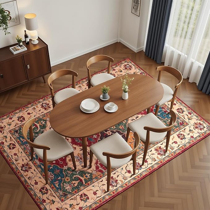 Lessymo Moroccan 8x10 Area Rugs for Living Room, Ultra-Thin Washable Rugs Vintage Non-Slip Non Shedding Accent Carpet for Bedroom Dining Room Office Nursery, Classic Red and Cream