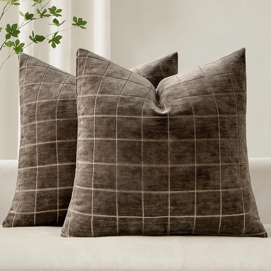 MIULEE Decorative Chenille Check Euro Shams Throw Pillow Covers Vintage Plaid Couch Pillows 24x24 Inch Set of 2 Neutral Boho Farmhouse Cushion Covers Modern Home Decor for Sofa Bed Living Room Brown
