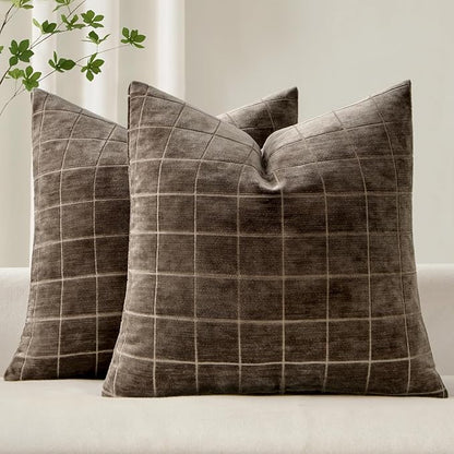 MIULEE Decorative Chenille Check Throw Pillow Covers Vintage Plaid Couch Pillows 22x22 Inch Set of 2 Neutral Boho Farmhouse Cushion Covers Modern Home Decor for Sofa Bed Living Room Brown