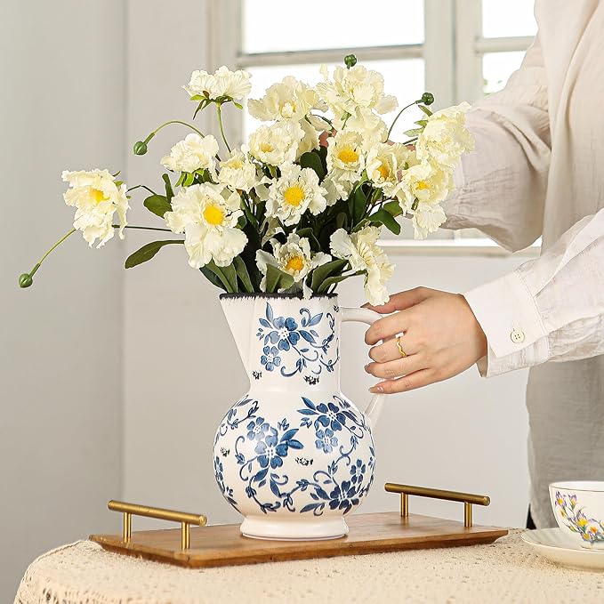 Blue and White Vintage Vase with Handle, Ceramic Chinoiserie Floral Pitcher Vase, Blue Large Vases for Home Decor Living Room, Rustic Table Centerpiece Grand Millennial and Tuscan Decor 8.7 Inch