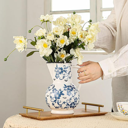 Blue and White Vintage Vase with Handle, Ceramic Chinoiserie Floral Pitcher Vase, Blue Large Vases for Home Decor Living Room, Rustic Table Centerpiece Grand Millennial and Tuscan Decor 8.7 Inch