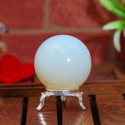 Crocon 45mm Opalite Stone Sphere Ball with Metal Stand 1400+ Carats Gemstone Ball Healing Sphere Sculpture Figurine for Fengshui Divination Home Decoration Photography Crystal Sphere