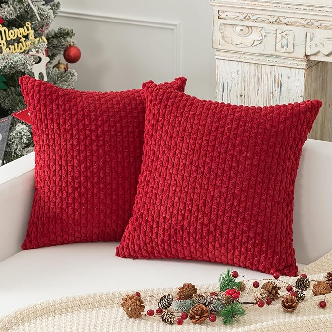 Kevin Textile Pack of 2 Christmas Corduroy Decorative Throw Pillow Covers 22x22 Inch Soft Boho Striped Pillow Covers Modern Farmhouse Home Decor for Spring Sofa Living Room Couch Bed Burgundy