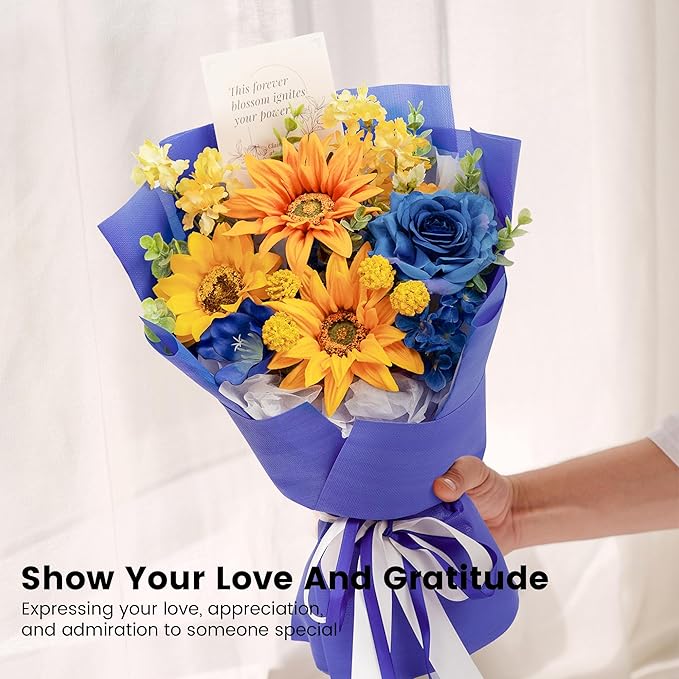TINGE TIME Aritifical Flowers Bouquet, Sunflower&RoyalBlue Roses Gift Bouquet, Birthday Gifts for Women, Eternal Roses Bouquet for Grandma Wife Anniversary Graduation