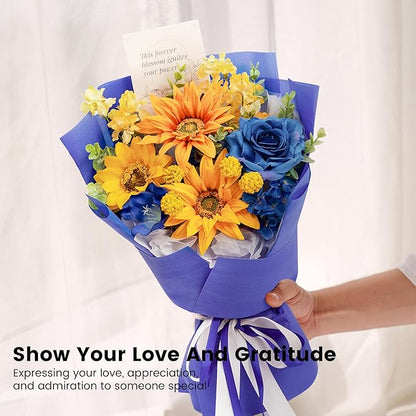 TINGE TIME Aritifical Flowers Bouquet, Sunflower&RoyalBlue Roses Gift Bouquet, Birthday Gifts for Women, Eternal Roses Bouquet for Grandma Wife Anniversary Graduation
