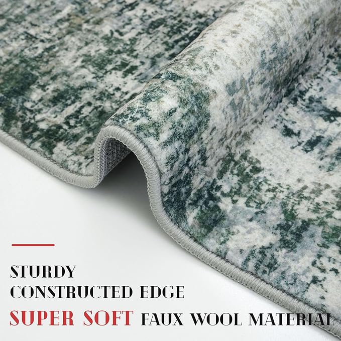 Modern Abstract Runner Rug 2x6, Grey Green Washable Kitchen Runner Non-Slip Soft Hallway Rug Runner Thin Print Faux Wool Carpet for Entryway Bedroom Laundry Room Indoor Home Decor