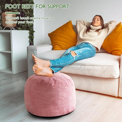 HIGOGOGO Round Stuffed Pouf Ottoman, Corduroy Poufs with Foam Chunk Filling, Furry and Fluffy Pouf Foot Stool Storage Ottoman, 20 X 15 Floor Poufs Foot Rest for Living Room, Pink