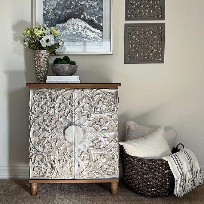 MAISON ARTS Accent Cabinet with 2 Doors and 1 Shelf, Silver Embossed Storage Cabinet with Solid Wood Frame, Holds Up to 245lbs, Elegant Furniture for Living Room or Entryway