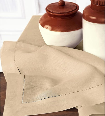 Solino Home Linen Napkins Set of 4 - Classic Hemstitch 100% Pure Linen Beige Dinner Napkins Cloth 20 x 20 Inch for New Year - Handcrafted and Machine Washable