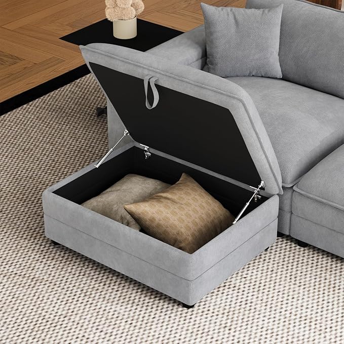 148.7" U Shaped Cloud Sofa Couch with Ottoman, Storage Armrest, Cup Holders, USB & Type-C Ports, Spring Cushions, Solid Wood Frame, Chenille Modular Sectional for Living Room (Light gray-U-148.7")