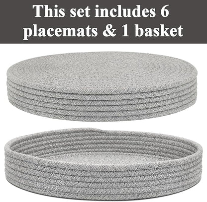 Round Placemats Set of 6 with Holder, Cotton Rope Woven Place Mats, Hot Pads for Kitchen, Heat Resistant Table Mats, 13 Inch Farmhouse Washable Braided Placemat for Kitchen Decor (Gray)
