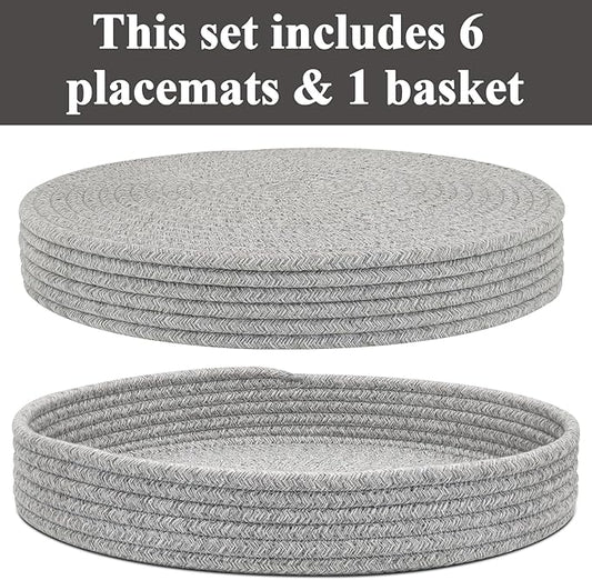 Round Placemats Set of 6 with Holder, Cotton Rope Woven Place Mats, Hot Pads for Kitchen, Heat Resistant Table Mats, 13 Inch Farmhouse Washable Braided Placemat for Kitchen Decor (Gray)