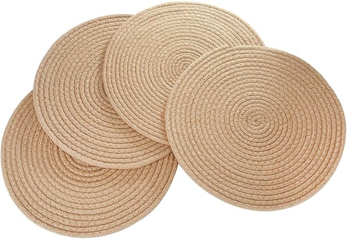 Round Woven Placemats, Set of 4 Natural Jute Rope Plate Chargers, 13'' Boho Tablemats Straw Braided Placemats, Non-Slip Heat Resistant Hand Woven Chargers Plate for Dining Table