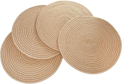 Round Woven Placemats, Set of 4 Natural Jute Rope Plate Chargers, 13'' Boho Tablemats Straw Braided Placemats, Non-Slip Heat Resistant Hand Woven Chargers Plate for Dining Table