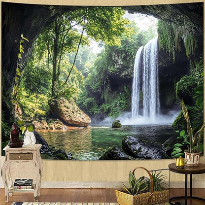 kampdream Landscape Tapestry, Scenery Art Wall Tapestries, Nature Wall Decor for Bedroom Living Room Backdrop Cave Waterfall 60×80 inches