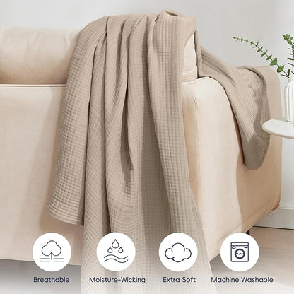 PHF 100% Cotton Muslin Blanket Twin XL Size 66"x90", 4-Layer Lightweight Gauze Throw, Breathable Cloud-Soft Minimalist Blanket for Bed, Couch, Camping & Baby, Taupe, Ideal Gift