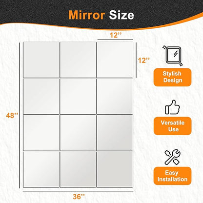 Delma Home Gym Mirrors, 12'' x 12'' Glass Mirror Tiles (12 PCS), Square Large Wall Mirror for Home Gym, Bedroom, Door,Bathroom, Frameless Mirror Sets