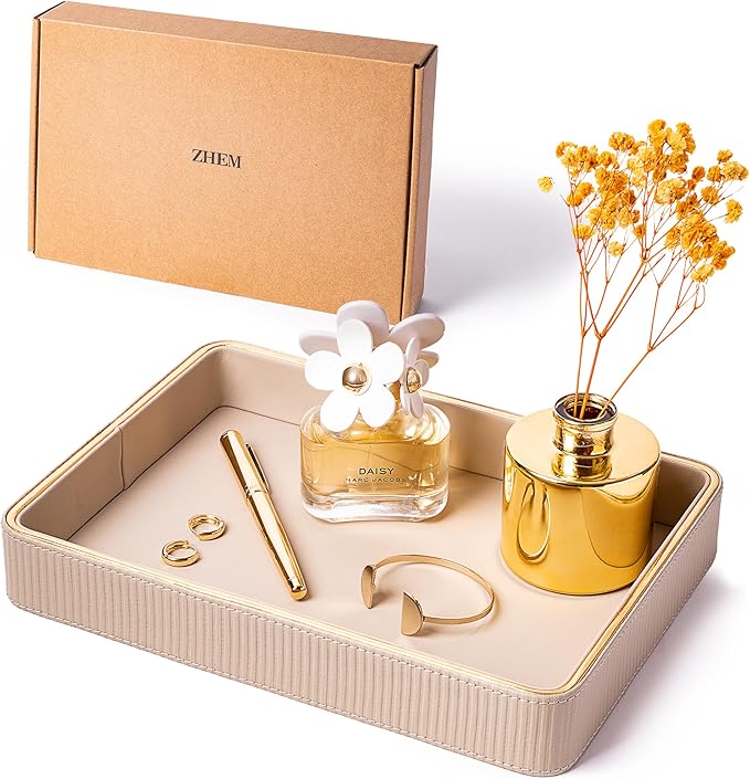 Perfume Tray Valet Tray Night Stand Organizer| Perfume Organizer Catchall Perfume Trays for Dresser Vanity Tray for Dresser| Perfume Holder (Beige 8"x11"x1.75")