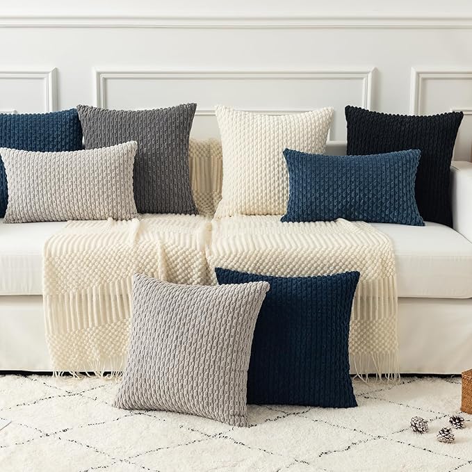 Kevin Textile Pack of 2 Blue Corduroy Decorative Throw Pillow Covers 16x16 Inch Soft Boho Striped Pillow Covers Modern Farmhouse Home Decor for Autumn Sofa Living Room Couch Bed