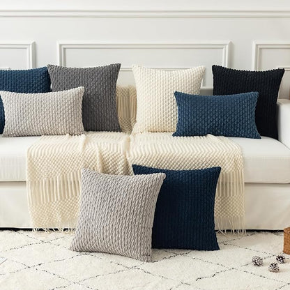 Kevin Textile Pack of 2 Blue Corduroy Decorative Throw Pillow Covers 16x16 Inch Soft Boho Striped Pillow Covers Modern Farmhouse Home Decor for Autumn Sofa Living Room Couch Bed