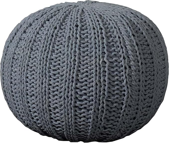 LR Home Gray Cableknit All-Natural Cotton Round Ottoman for Home Décor Hand-Made Casual Foot Rest for Bedroom & Living Room Decor 20 x 20 x 16 Stuffed Pouf for Seating