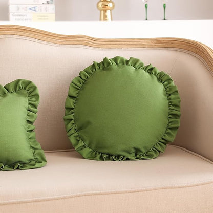 ISAENNE Classic Green Round Throw Pillow Cover Diameter 16", Solid Color Cottage Linen Cotton Decoration Pillow Cover with Ruffles, Sturdy Throw Pillow Case for Couch Sofa Bed Living Room