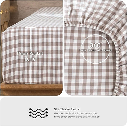 MooMee Gingham Sheet Set 100% Washed Cotton Linen Like Textured Breathable Soft w/Fully Elasticized 16-19" Deep Pocket (Classic Gingham Brown, King)