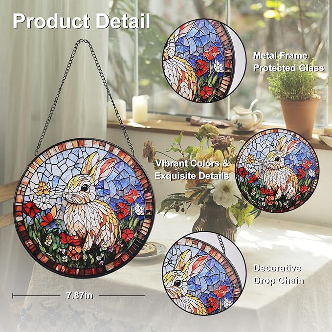 Rabbit Stained Glass Window Hanging, 7.8" Round Sun Catcher Hand Painted Wall Art Decor with Chain, Unique Housewarming Gifts for Couples, Home