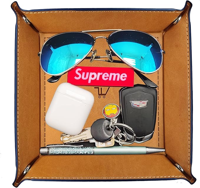 PU Valet Tray Organizer Storage 5.5"x5.5"X1.2". Key Jewelry Tray, Dice Box Bedside Tray,Wallets Watches Keys Coins Mobile Phones Organizer, Office Desk Accessory Catchall (Brown).