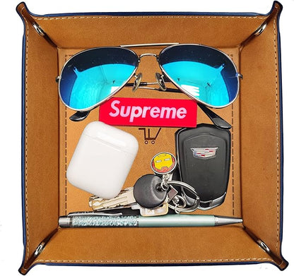 PU Valet Tray Organizer Storage 5.5"x5.5"X1.2". Key Jewelry Tray, Dice Box Bedside Tray,Wallets Watches Keys Coins Mobile Phones Organizer, Office Desk Accessory Catchall (Brown).