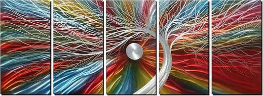 Metal Wall Art with Colorful Fantastic Tree Design, Abstract Modern and Contemporary Décor, Handcrafted Metal Wall Sculpture, Unique Aluminum Artwork, Indoor and Outdoor decoration, 5 panels 64"x24"