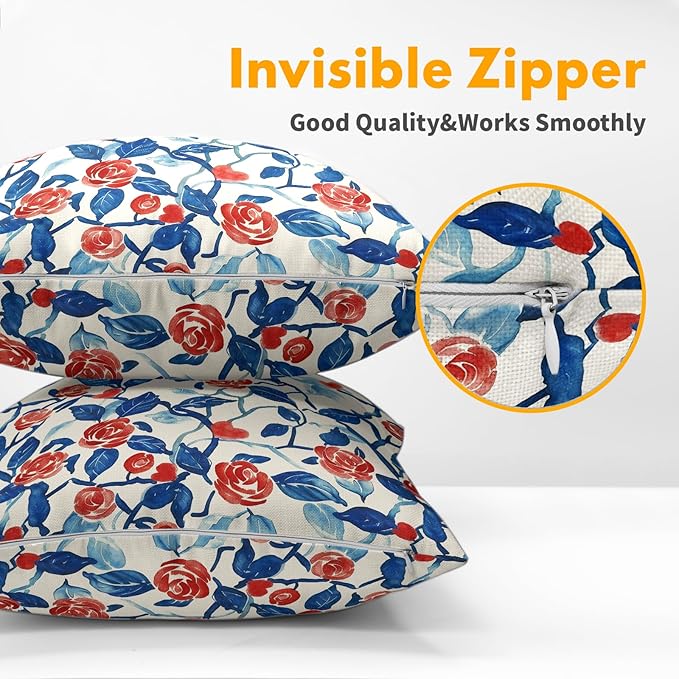Valentines Day Pillow Covers 16x16 Set of 2 Blue Red Floral Throw Pillow Covers Flower Pillowcase Linen Decoration Farmhouse Holiday Cozy Soft Cushion Case Couch for Indoor Outdoor Home Decor
