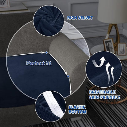 MAXIJIN Velvet Stretch Cushion Covers Couch Cushion Slipcovers Loveseat Sofa Cushion Covers for Individual Cushions with Elastic Bottom (2 Piece Loveseat Cushion Covers, Navy Blue)