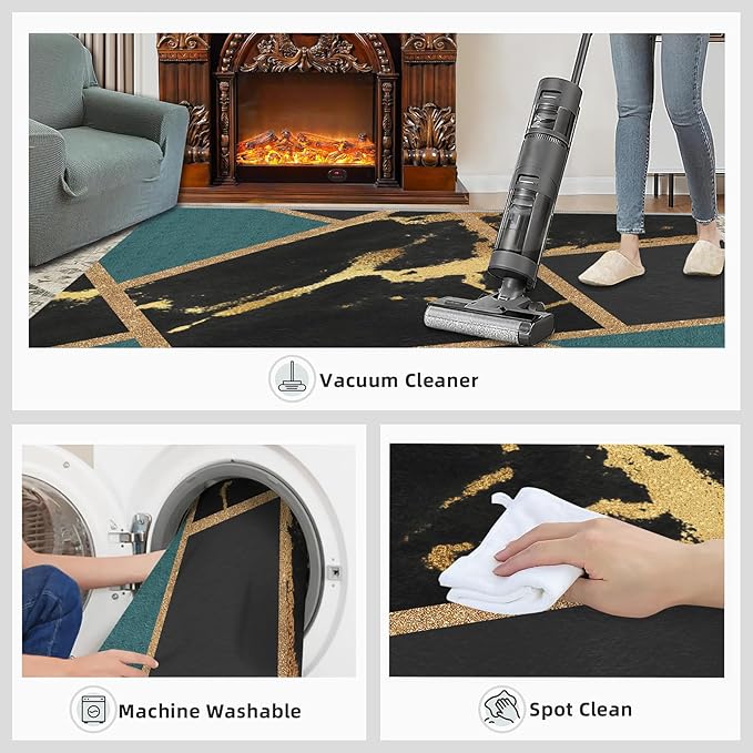 Black Gold Marble Area Rugs Emerald Green Abstract Marble Carpet Medieval Geometry Area Rug Indoor Non-Slip Carpet Golden Geometric Lines Rugs for Bedroom 8x10ft