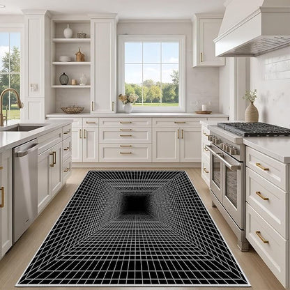 Optical Illusion Rug - Washable Rugs 4x6, Abstract Geometric Lines Soft Neutral Indoor Floor Mats Plaid Carpet, Non-Slip Stain Resistant Modern Black Rug for Bedroom, Living Room Rugs