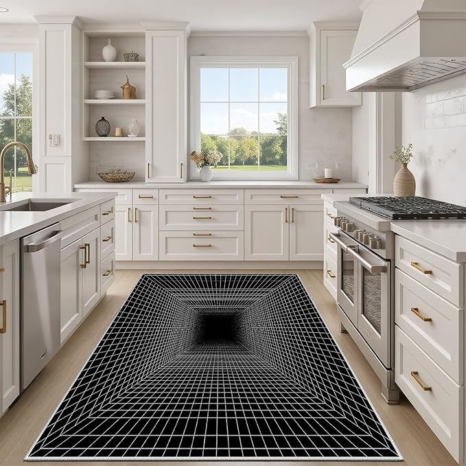 Optical Illusion Rug - Washable Rugs 4x5, Abstract Geometric Lines Soft Neutral Indoor Floor Mats Plaid Carpet, Non-Slip Stain Resistant Modern Black Rug for Bedroom, Living Room Rugs