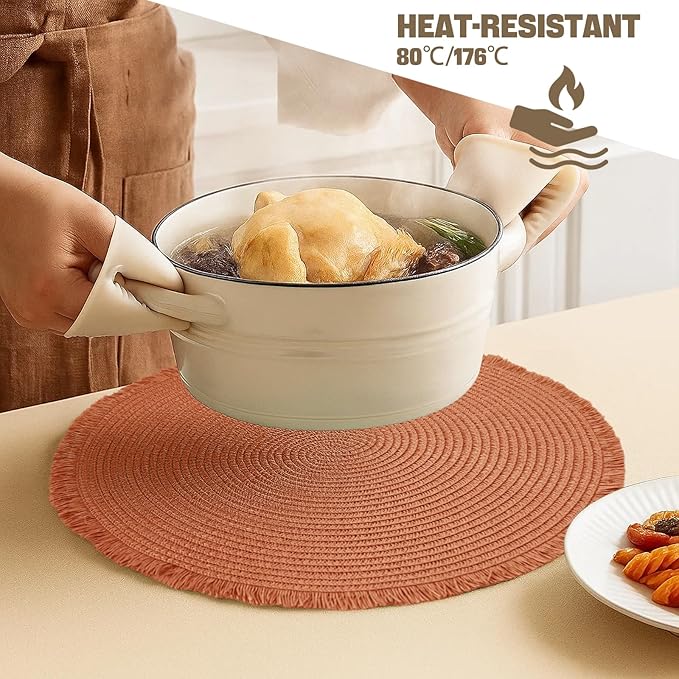 15 Inch Set of 6 Round Woven Placemats Braided Paper Heat Resistant Table Mats with Tassel Boho Indoor Outdoor Table Placemats for Dining Tables Tangerine Red