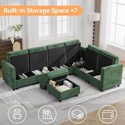 104'' V Shaped Modular Sofa, Sectional Couch with Storage for Living Room, Modern 7 Seater Cloud Sectional Couch with Movable Ottoman, Chenille Dark Green