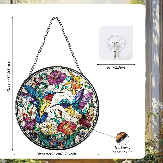 Rngmsi Hummingbird Stained Glass Window Hanging, 7.8″ Sun Catchers with Hook Indoor Window Decor, Decorative Suncatchers Home Garden Art Gift for Bird Lovers Thanksgiving Christmas Housewarming