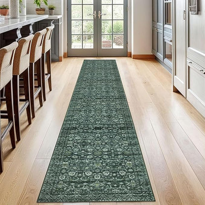 Vintage Runner Rug 2x12, Dark Green Washable Long Kitchen Runner Non-Slip Floral Soft Hallway Rug Runner Thin Print Faux Wool Carpet for Entryway Bedroom Laundry Room Indoor Home Decor