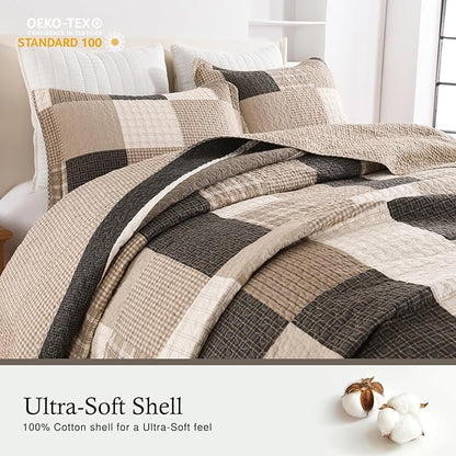 Farmhouse Queen Size Bedspread 102"x120" - 100% Cotton Lightweight Oversized Queen Quilt with 2 Pillowshams, Cottage Plaid Quilted Bedding Coverlet for All Season, 3Pcs, Brown/Beige/Oatmeal