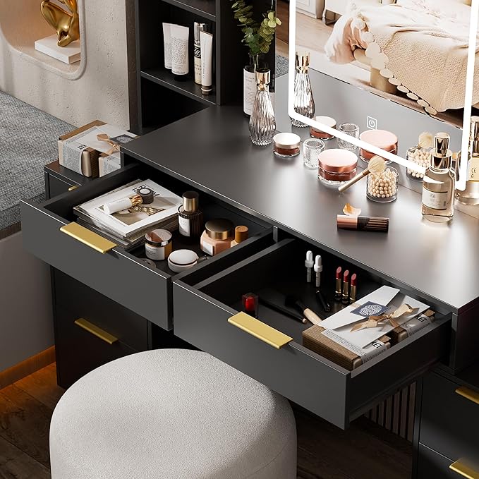 Large Makeup Vanity Desk with Lighted Mirror & Power Outlet,Dresser Table with 3 Lighting Modes Brightness Adjustable,Drawers,Shelves,Hair Dryer Stand for Bedroom,Black (No Stool)