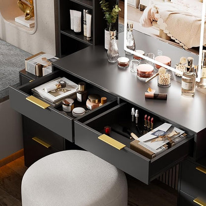 Large Makeup Vanity Desk with Lighted Mirror & Power Outlet,Dresser Table with 3 Lighting Modes Brightness Adjustable,Drawers,Shelves,Hair Dryer Stand for Bedroom,Black (No Stool)