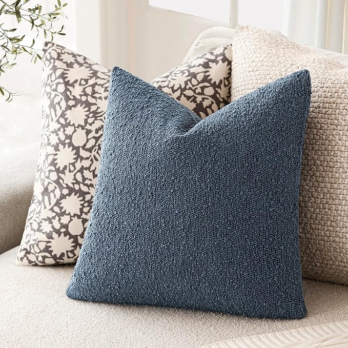 Foindtower Decorative Textured Boucle Throw Pillow Covers Accent Solid Pillow Cases Neutral Soft Cozy Couch Cushion Case for Chair Sofa Bedroom Living Room Home Decor 24x24 Inch,1PC,Dark Blue
