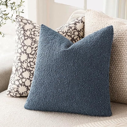 Foindtower Pack of 2 Textured Boucle Throw Pillow Covers Accent Solid Pillow Cases Cozy Soft Decorative Couch Cushion Case for Chair Sofa Bedroom Living Room Home Decor 18x18 Inch Dark Blue