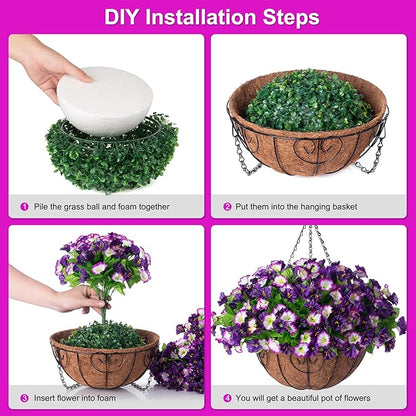 Artificial Hanging Flowers 12 inch Basket, Faux Silk Petunias Flower Arrangement,Coconut Lining Pot Planter with Morning Glories Patio Garden Porch Deck Spring Summer Decor(Purple Edge)
