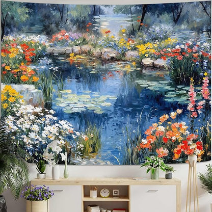 kampdream Scenery Tapestry, Colorful Flower Pond Landscape Wall Hanging, Nature Home Decor for Bedroom and Living Room Aesthetic Wall Art Decoration