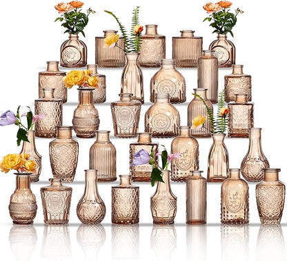 Glass Bud Vases Set of 32 - Amber Assorted Small Mini Glass Vases for Flowers, Crystal Vintage Vase Set, Bulk Centerpieces for Table Décor, Wedding, Home and Events (Amber, 32 Pcs)